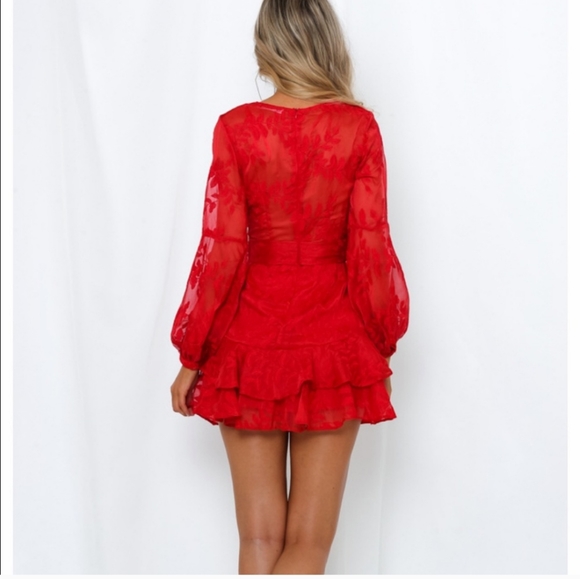 Hello Molly Long Sleeve Red Plunge I Hear A Rumor Ruffle Mini Dress Small Ruffle - Picture 3 of 8